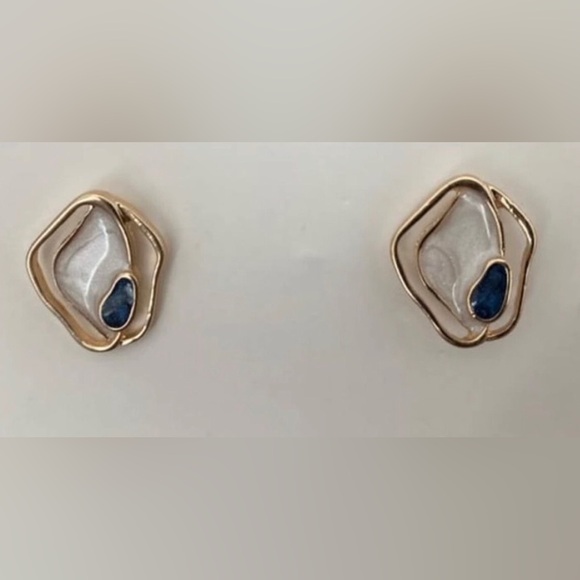 “Creamy Puddles” Artistic Artsy Art Deco Navy Blue Swirl Metallic Gold Wavy Stud - Picture 12 of 14